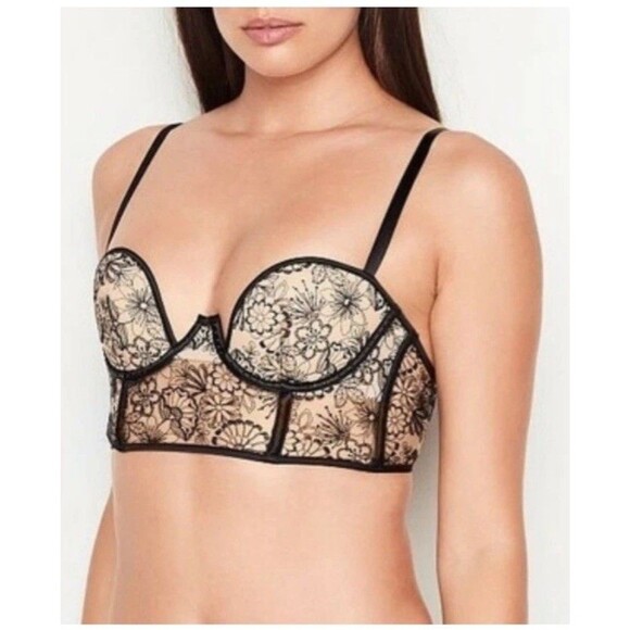 Victoria's Secret Embroidered Long Line Push-up Bustier Black Floral Lace 32DD - Picture 1 of 15